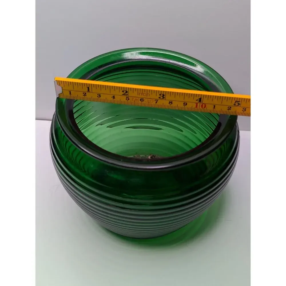 Green Ribbed Glass Planter Bowl Cache Pot Vase 6